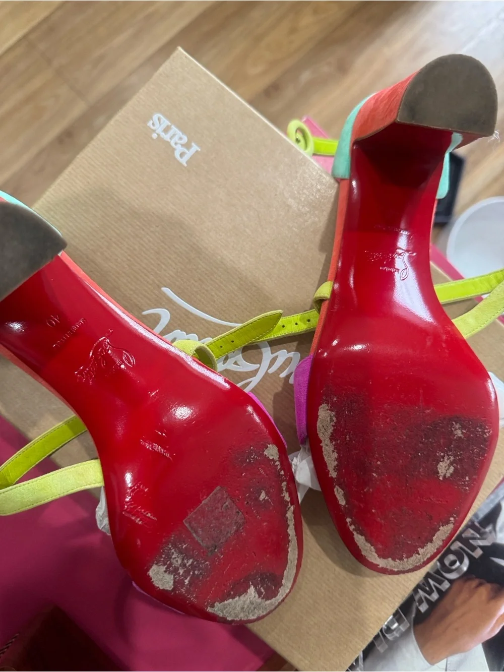 Christian Louboutin Multicolor Suede Block Heels - Pink, Green, Red, Yellow
